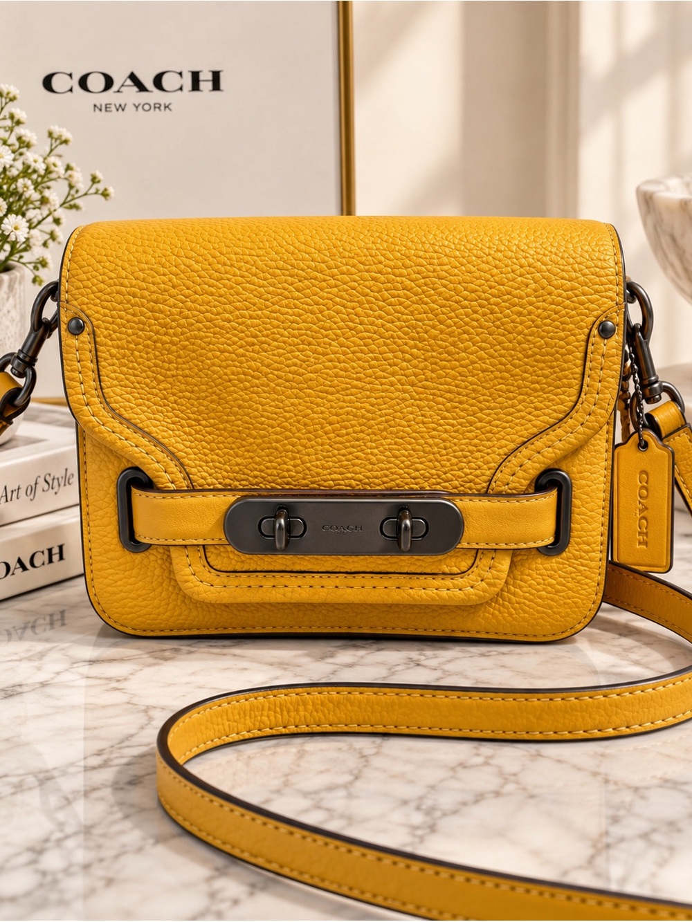 Coach Swagger pebbled leather crossbody in Mustard Yellow